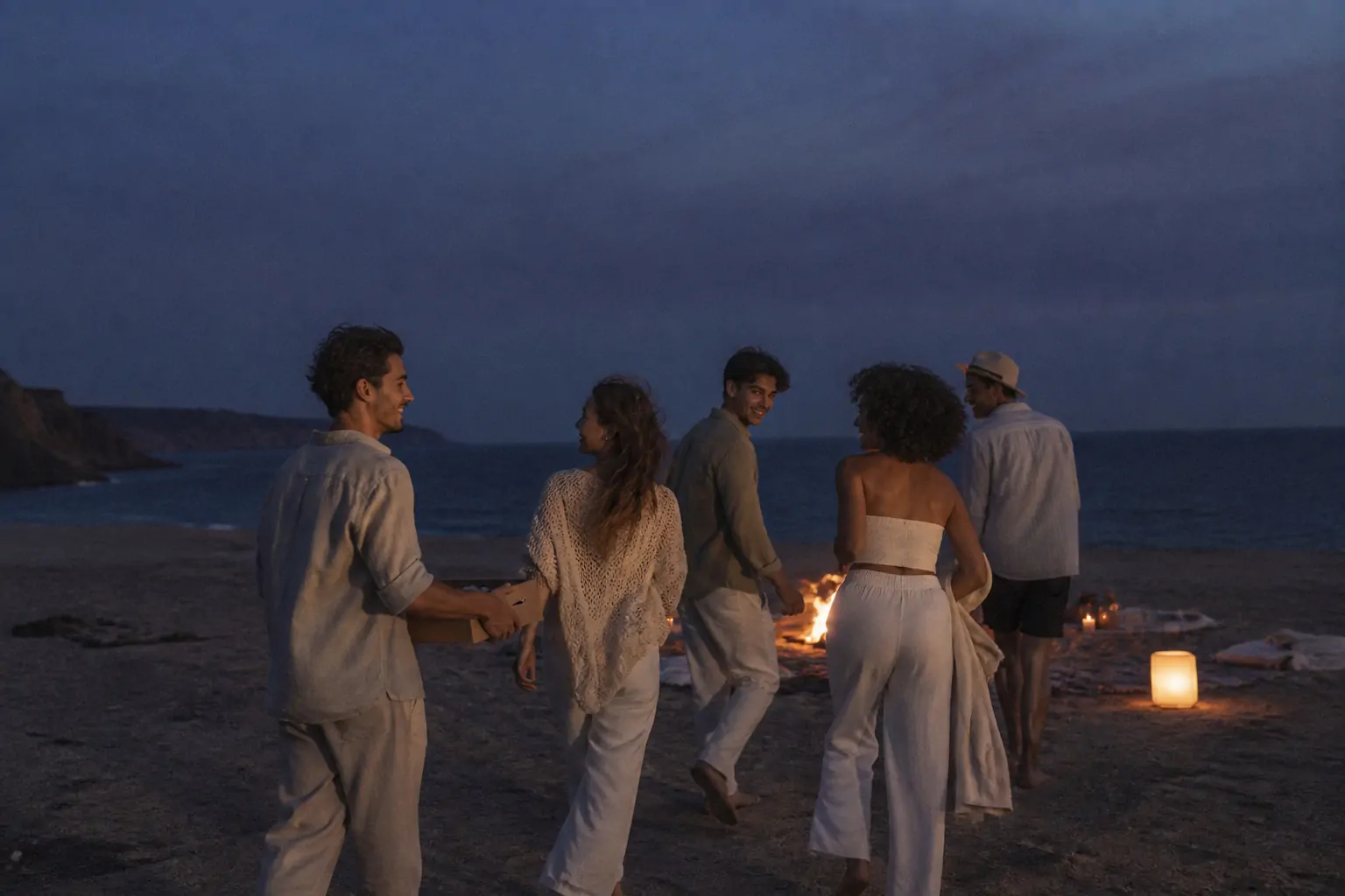 Friends walking toward a private beach bonfire at blue hour