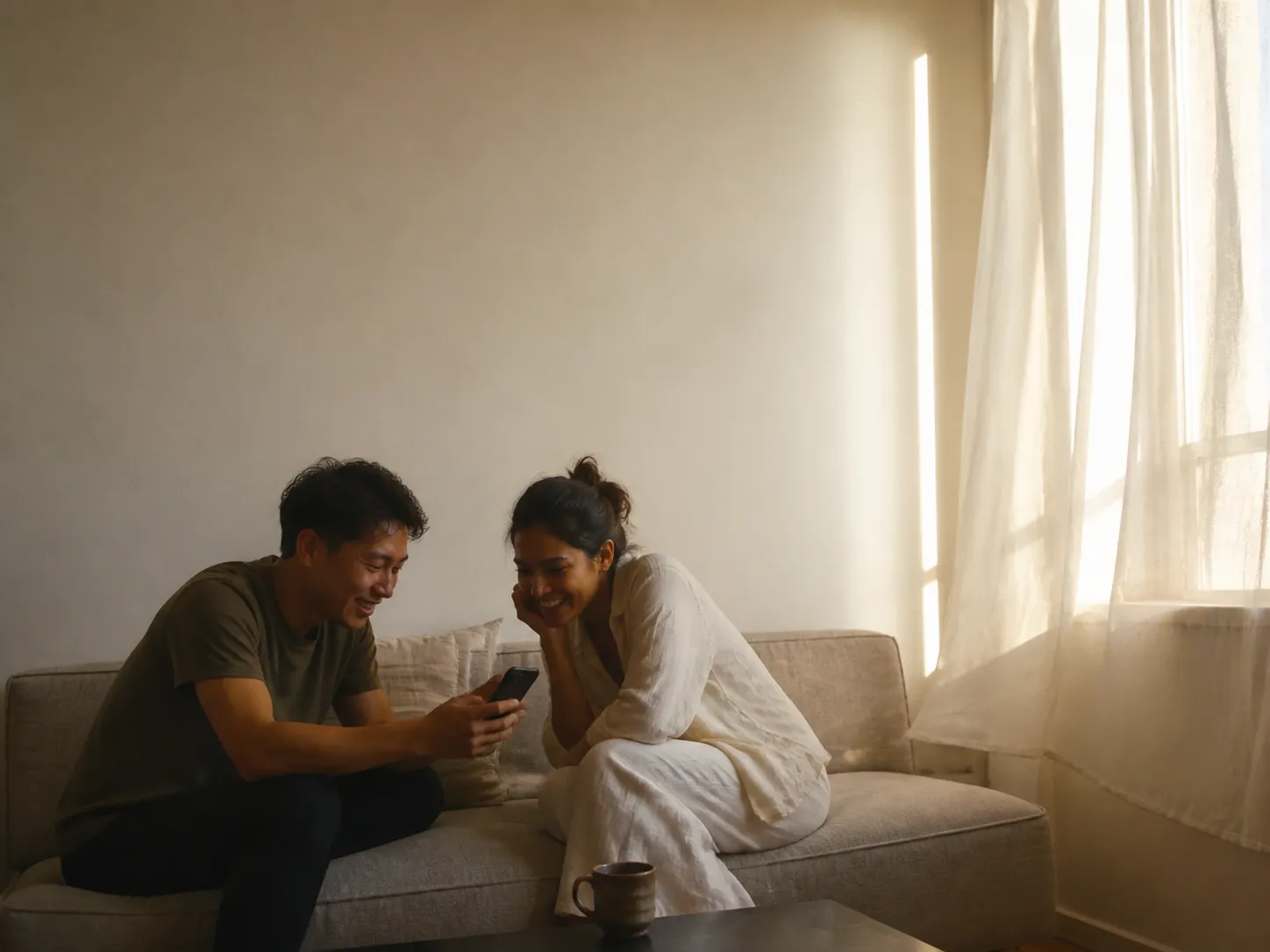 Two friends sharing newly revealed event photos in morning light