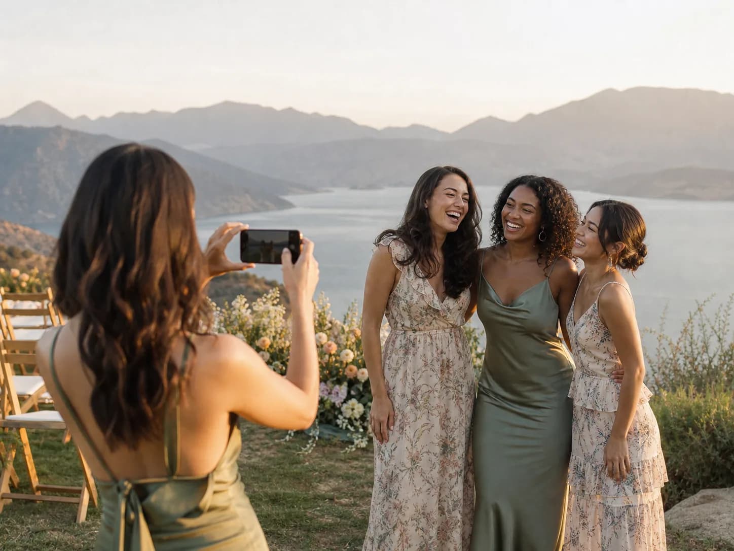 A woman photographing three women friends at a scenic lakeside wedding