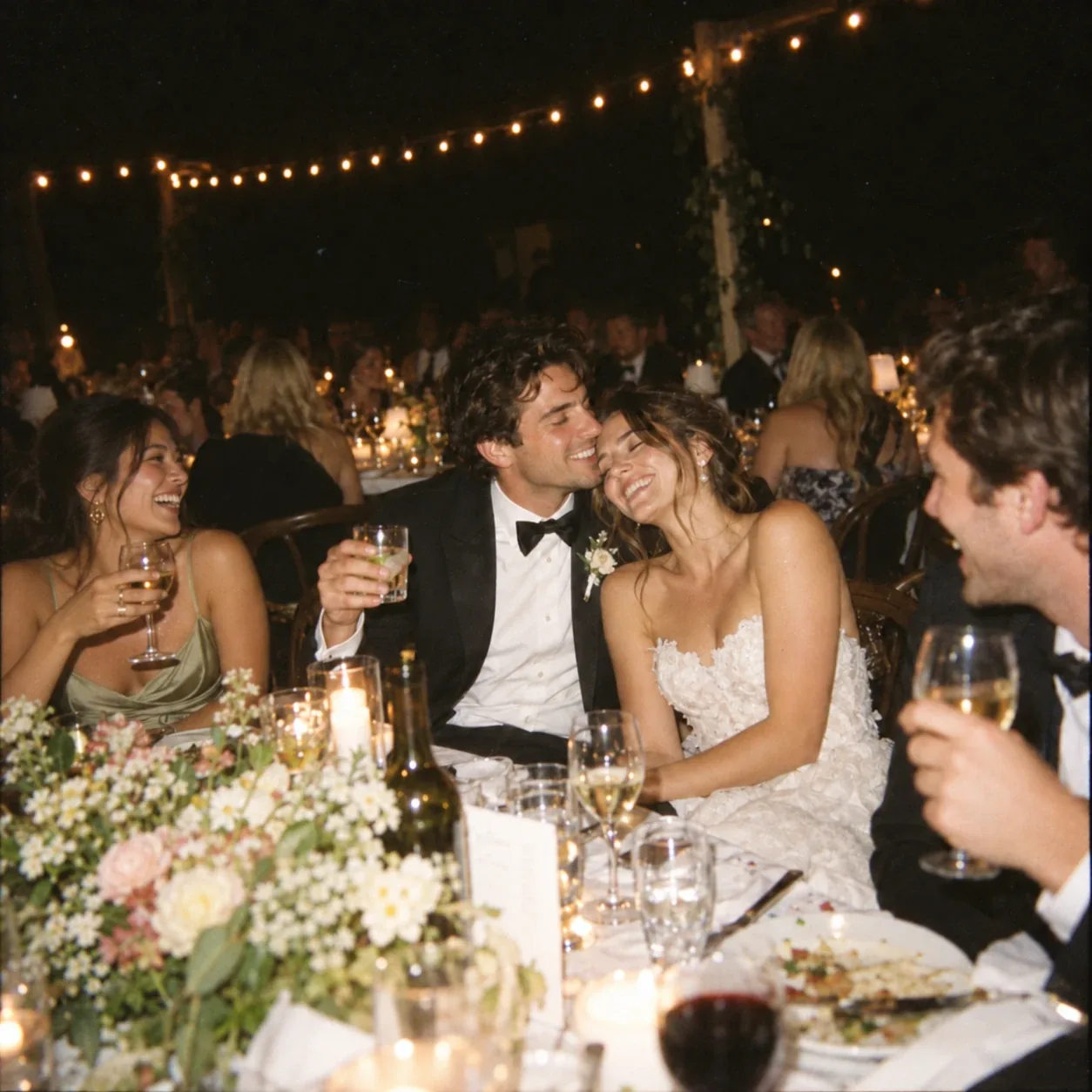 A bride and groom laughing together at a candlelit reception table under string lights