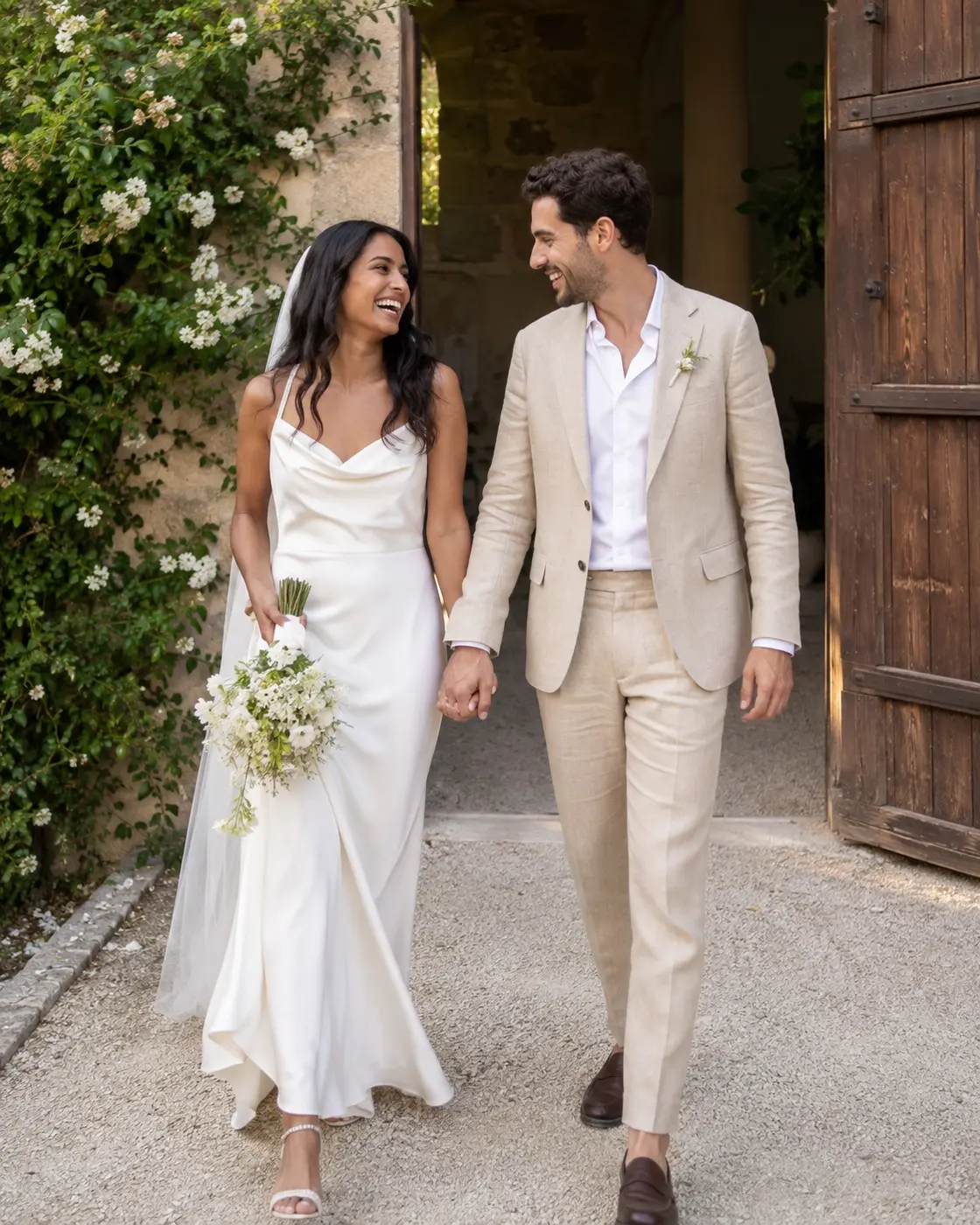 Maya & Leo walking hand in hand after their ceremony